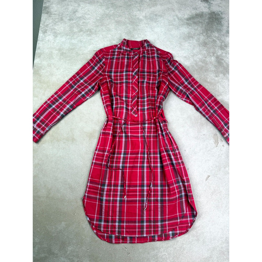 Lauren Ralph Lauren Shirt Dress Womens 6 Red Tartan Plaid Belted Waist Preppy